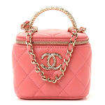 Lambskin Quilted Crystal Top Handle Mini Vanity Case With Chain Coral