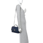 Calfskin Chevron Quilted Top Handle Flap Navy