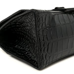 Shiny Calfskin Monochrome Crocodile Embossed Small Hourglass Top Handle Bag Black