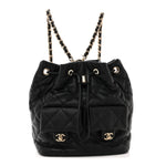 Lambskin Quilted Double Pocket Drawstring Backpack Black