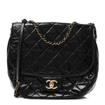 Glazed Calfskin Quilted Medium Bubble CC Flap Black