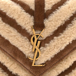 Nubuck Shearling Chevron Monogram Medium College Bag Dark Cigar Natural Beige