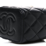 Lambskin Quilted Metal Mini Top Handle Vanity Case With Chain Black