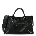 Calfskin Crocodile Embossed Giant 12 Gold Hardware City Black