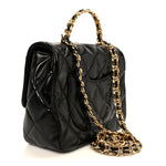 Shiny Lambskin Quilted Golden Links Top Handle Flap Black