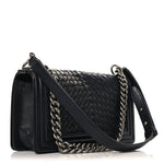 Lambskin Braided Woven Medium Boy Flap Black