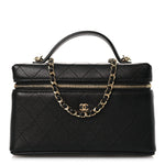 Goatskin Stitched Top Handle Slim Vanity With Chain Black