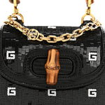 Sequin Lizard Embossed GG Mini Bamboo 1947 Top Handle Chain Bag Black White