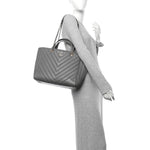 Calfskin Chevron Quilted Statement Shopping Tote Grey