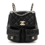 Shiny Caviar Quilted Medium Duma Pockets Drawstring Backpack Black