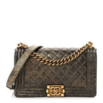 Cracked Metallic Calfskin Quilted Medium Boy Flap Gold