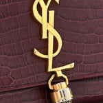Calfskin Crocodile Embossed Medium Classic Monogram Kate Tassel Satchel Dark Red