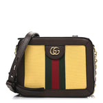 Canvas Textured Calfskin Web Mini Ophidia Top Handle Shoulder Bag Easy Yellow Dark Brown