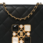 Calfskin Quilted Crystal Pearl Small Flap Bag Black
