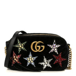 Velvet Matelasse Crystal Star Embroidered Small GG Marmont Chain Shoulder Bag Black