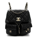 Shiny Caviar Quilted Medium Duma Pockets Drawstring Backpack Black