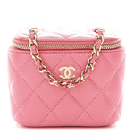 Lambskin Quilted Pearl Crush Mini Vanity Case With Chain Dark Pink