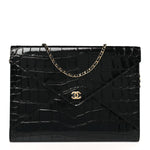 Calfskin Crocodile Embossed Croc Illusion Clutch With Chain  Black