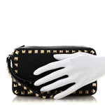 Pebbled Calfskin Rockstud Wristlet Zip Pouch Black