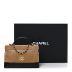 Suede Calfskin Shiny Lambskin Stitched Top Handle Slim Vanity Case With Chain Beige Black