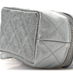 Metallic Caviar Quilted Mini Top Handle Vanity With Chain Silver