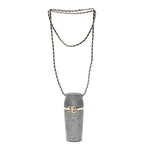 Metal Resin Lambskin Crystal Lipstick Case Long Necklace On Chain Silver Black Gold