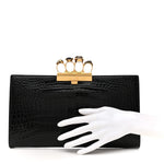 Calfskin Crocodile Embossed Knuckle Flat Clutch Black Gold