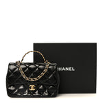 Shiny Lambskin Quilted Golden Links Top Handle Flap Black