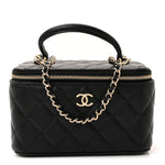 Lambskin Quilted Small Top Handle Vanity Case With Chain Black