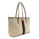 GG Supreme Monogram Textured Dollar Calfskin Web Medium Ophidia Shopping Tote Beige Mystic White Oatmeal