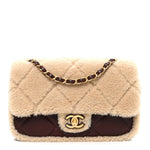 Shearling Lambskin Quilted Furry Coco Flap Dark Brown Beige
