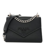Saffiano Cuir Calfskin Monochrome Envelope Flap Chain Shoulder Bag Black