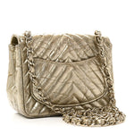 Patent Metallic Crumpled Calfskin Chevron Quilted Mini Square Flap Gold