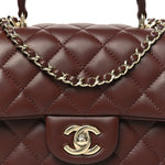 Lambskin Quilted Mini Top Handle Rectangular Flap Dark Brown
