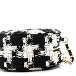 Tweed Quilted Round Clutch With Chain Black Ecru White