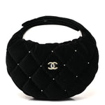 Velvet Diamanté Quilted Pocket Pouch Hobo Black