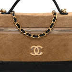 Suede Calfskin Shiny Lambskin Stitched Top Handle Slim Vanity Case With Chain Beige Black