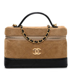 Suede Calfskin Shiny Lambskin Stitched Top Handle Slim Vanity Case With Chain Beige Black