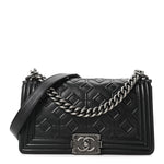 Calfskin Crystal Embossed Medium Boy Flap Black