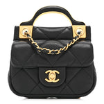 Calfskin Quilted Lady Handle Flap Card Holder With Chain Black