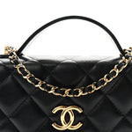 Shiny Aged Calfskin Quilted Top Handle Clutch With Chain Black