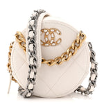 Shiny Goatskin Quilted Chanel 19 Round Clutch With Chain White