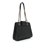 Shiny Sheepskin Chevron Quilted Collar and Tie Flap Black