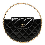 Patent Calfskin Quilted Chain Hoop Bag Black