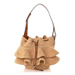 Raffia Calfskin Paulas Ibiza Balloon Ruffle Basket Tote Bag Natural Tan