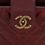 Glazed Calfskin Quilted Small Gold Bar Tote Red