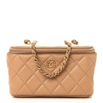 Lambskin Quilted Pearl Crush Small Vanity Case With Chain Beige