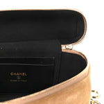 Suede Calfskin Shiny Lambskin Quilted Top Handle Slim Vanity Case With Chain Beige Black