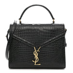 Calfskin Crocodile Embossed Medium Classic Monogram Cassandra Top Handle Black