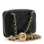 Lambskin Quilted CC Pearl Crush Zip Card Holder On Chain Black